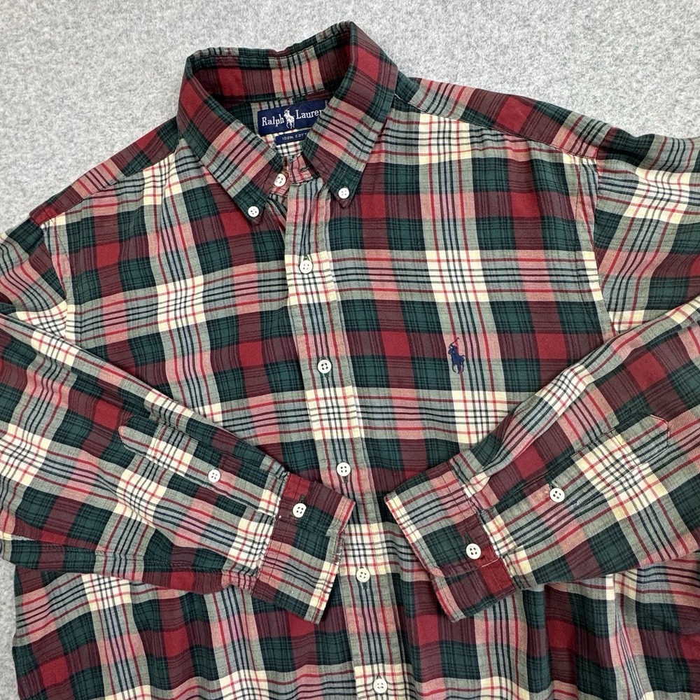Vintage Ralph Lauren Windsor Check Plaid Shirt Mens‎ Large 100% Cotton Navy Pony